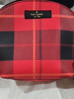 Kate Spade Red and Black Plaid Cosmetic Case with Gold Logo NWT